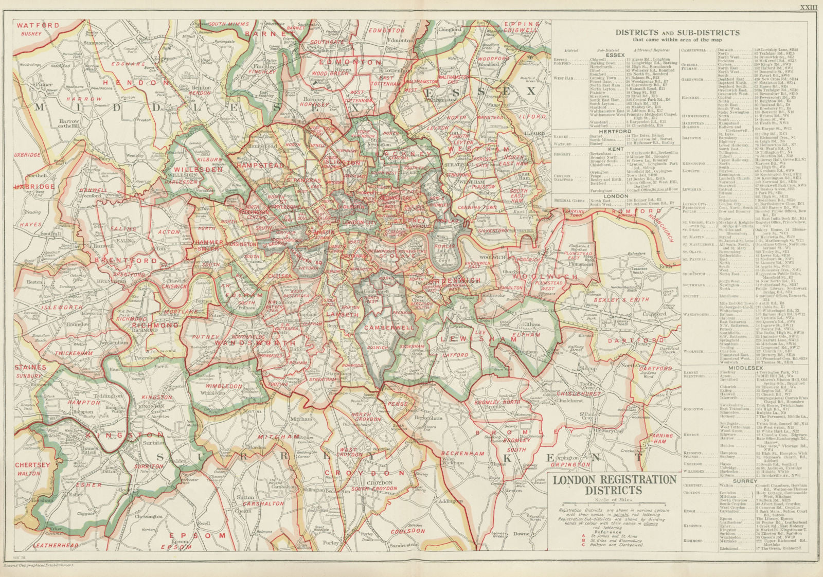 LONDON REGISTRATION DISTRICTS & SUB-DISTRICTS. County of London. BACON 1934 map